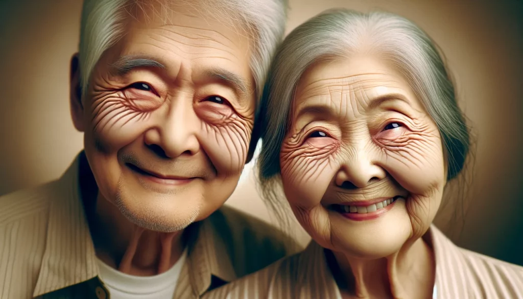 "눈꺼풀 처짐으로 눈주름의 자연스러운 아름다움을 보여주는 미소 짓는 노인 부부." 상안검