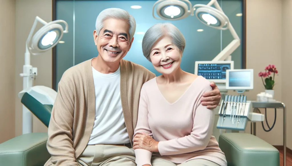 눈 주름이 있는 할아버지와 할머니로 보이는 동양인 노부부를 묘사하고 있습니다. 그들은 성공적인 상안검 수술을 받고 행복하게 웃고 있습니다. 