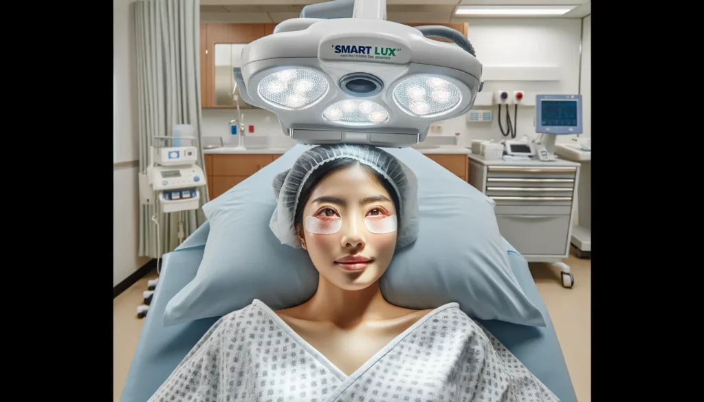 "상안검 수술 후 병원에서 광선 요법 치료를 받는 아시아 여성"
