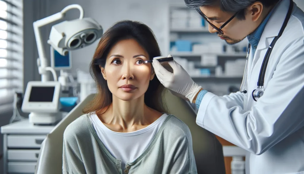 한 병원에서 눈꺼풀 수술 합병증으로 치료를 받고 있는 중년 아시아 여성이 의사의 진찰을 받으며 걱정스러운 표정을 짓고 있습니다.