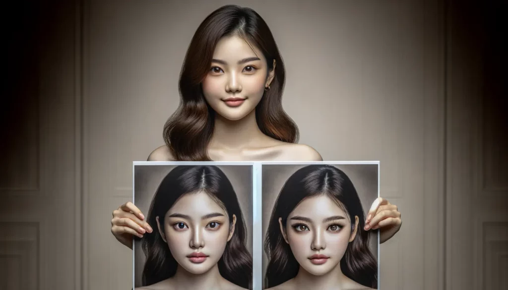 "눈 수술 전후 사진을 제시하는 젊은 아시아 여성"