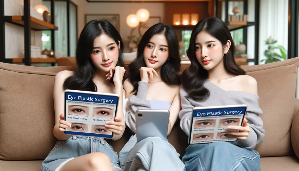 "두 명의 젊은 아시아 여성이 디바이스에 대한 눈 성형 수술 리뷰를 읽는 데 집중하다"