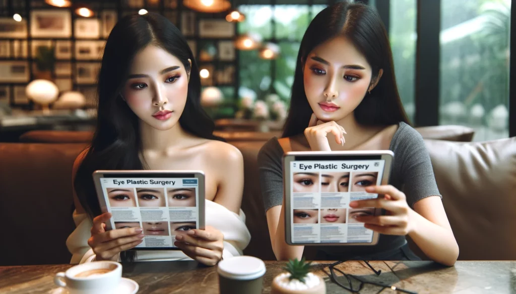 "디지털 기기에서 눈 성형 수술 후기를 읽는 데 집중하는 두 명의 젊은 아시아 여성"