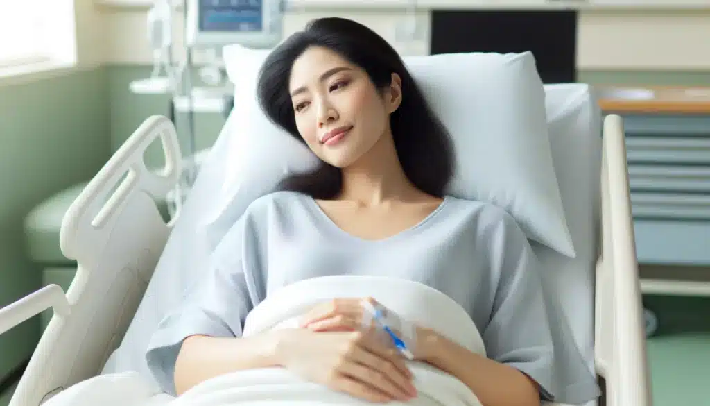 유방 확대 수술 후 병원 침대에서 편안하게 쉬고 있는 동아시아 여성.