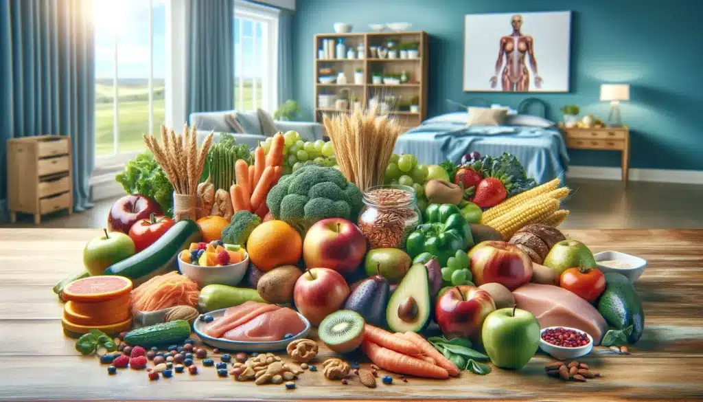 과일, 채소, 저지방 단백질, 통곡물이 포함된 유방 확대 수술 후 회복을 위한 영양식.
