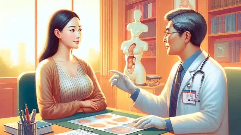 가슴 확대 보형물에 대해 의사와 상담하는 아시아 여성