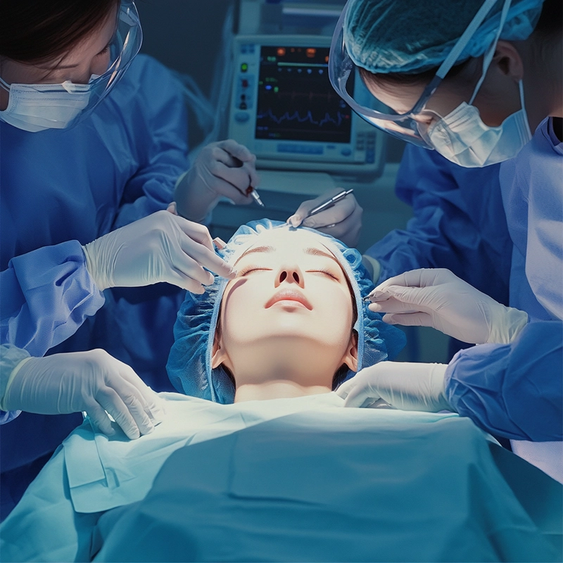 Woman on surgery bed surrounded by medical staff who are aware of facelift side effects and precautions. 