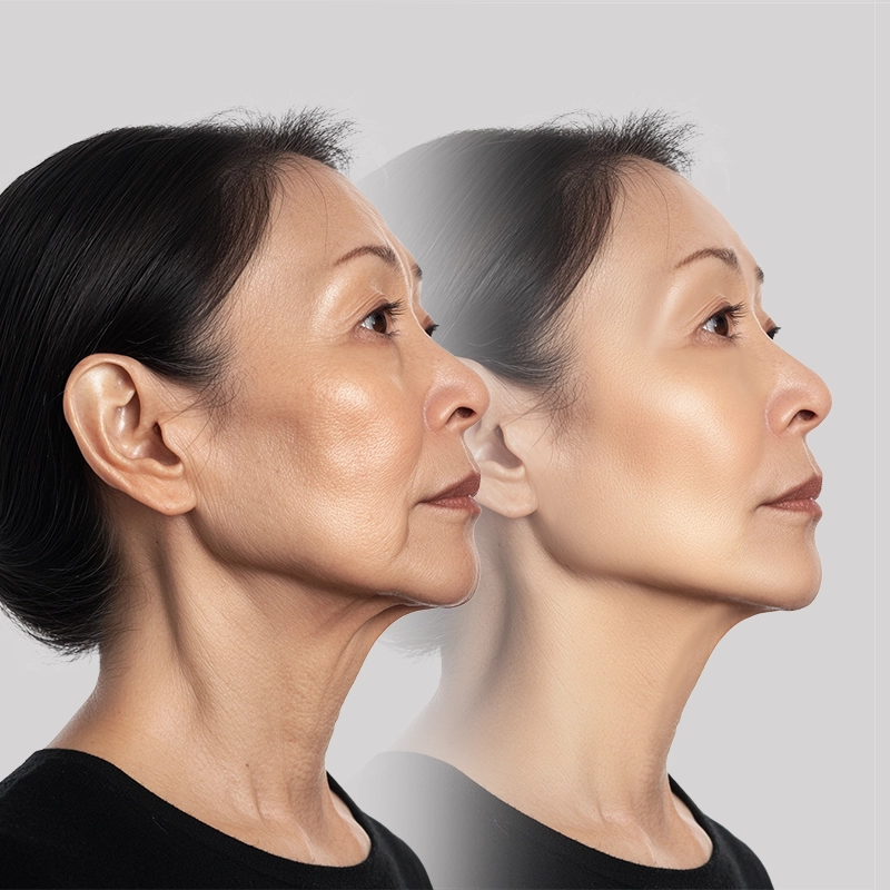 Profile-view facelift before and after photos compared from a similar starting point to set realistic expectations.