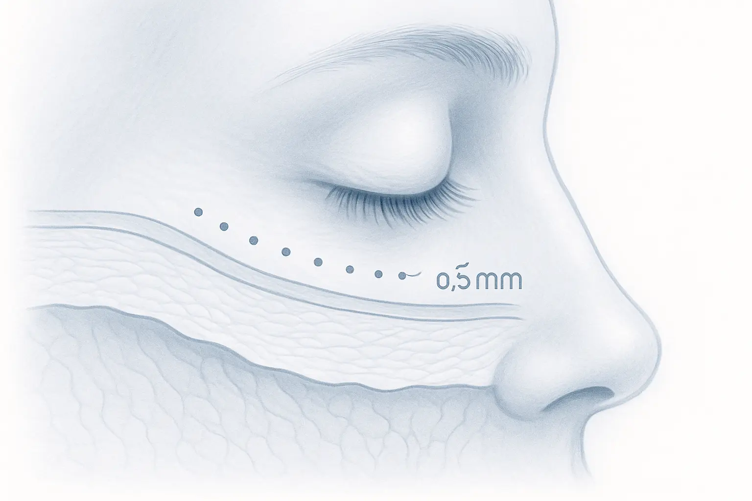 Medical illustration of Rejuran I periorbital injection technique — 0.5mm eye-area skin thickness diagram